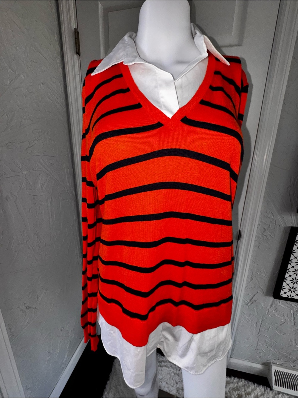 Ralph Lauren Orange and Navy Striped Sweater-Petite Large